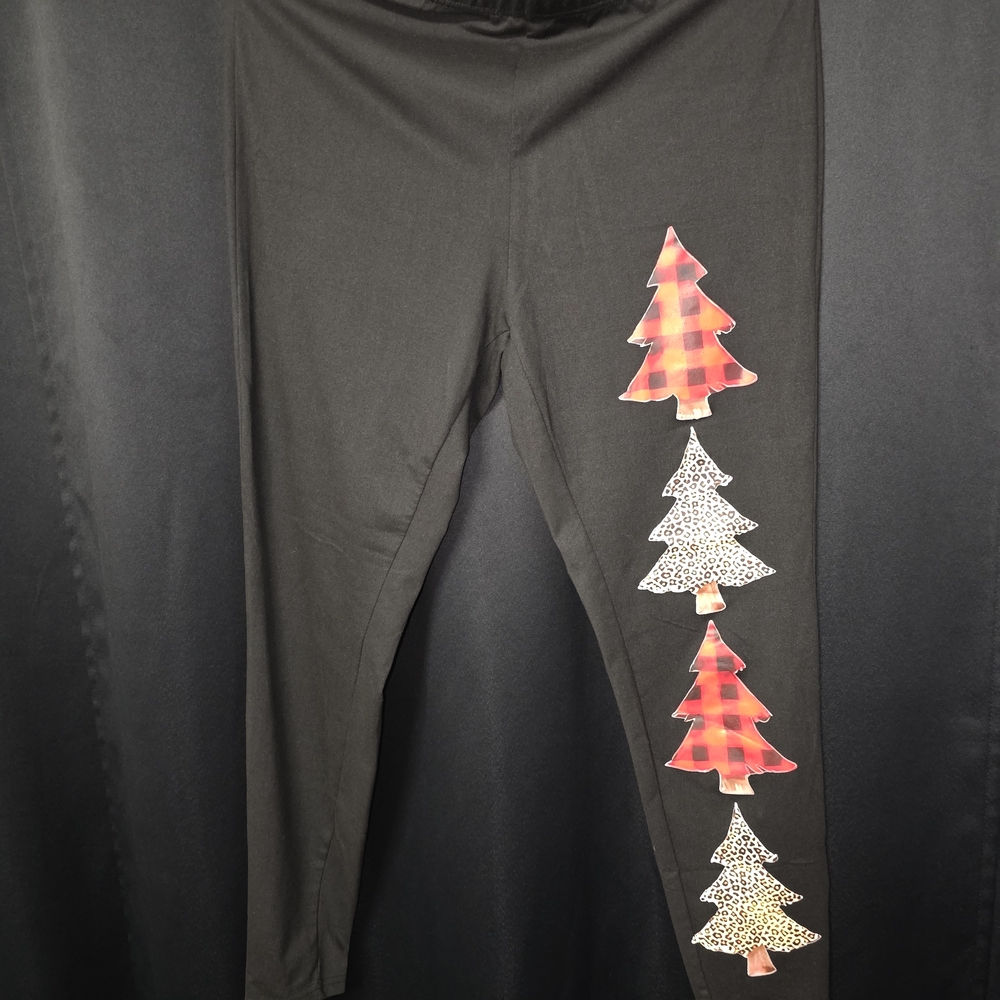 Women's Black Leggings with Festive Christmas Tree Design